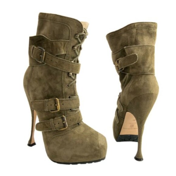 Brian Atwood All Leather Niki Platform Boots Green Military Ankle 38 - Picture 7 of 16